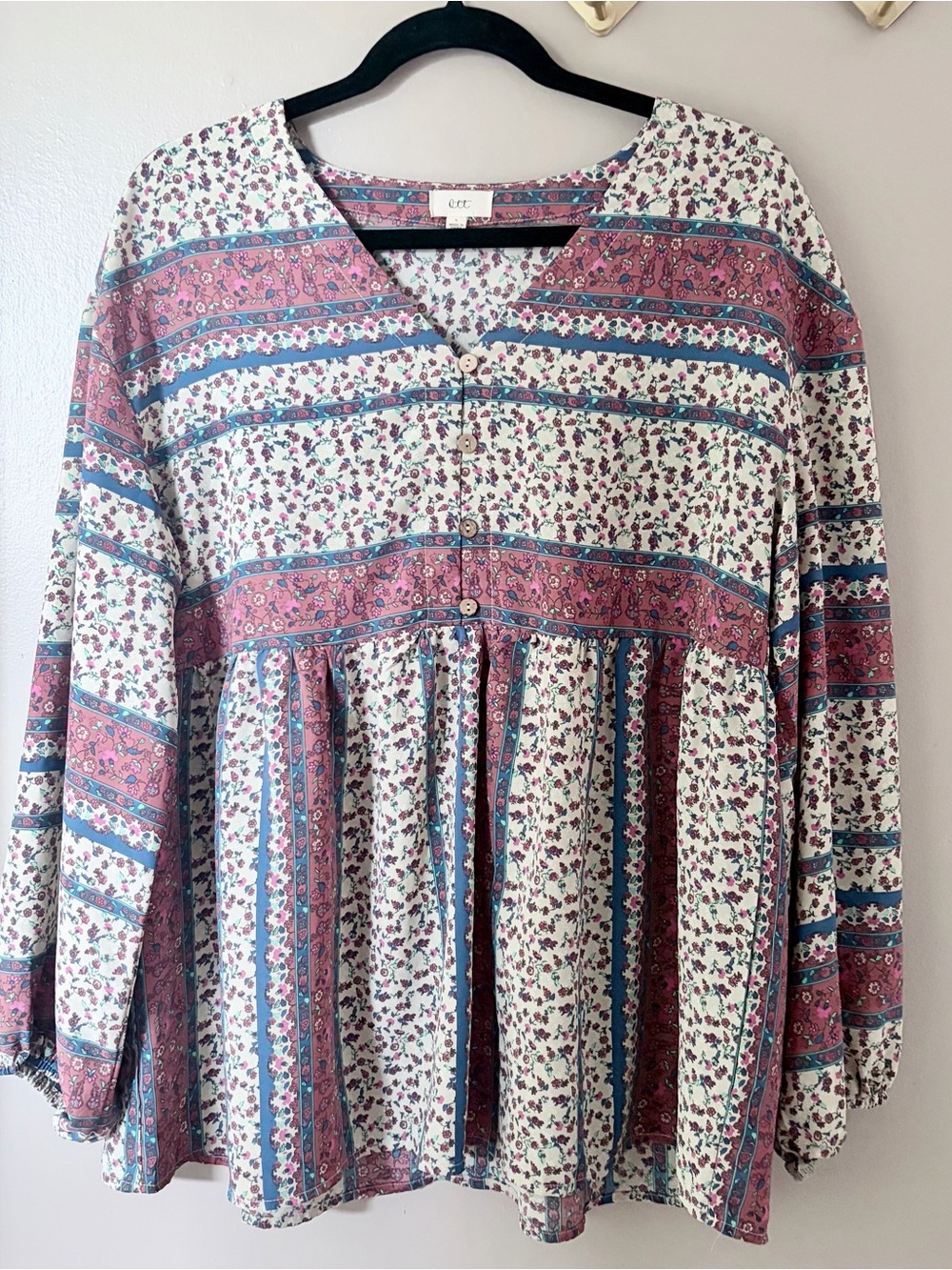 Floral Boho Blouse Women Large V-Neck Long Sleeve Peplum Top